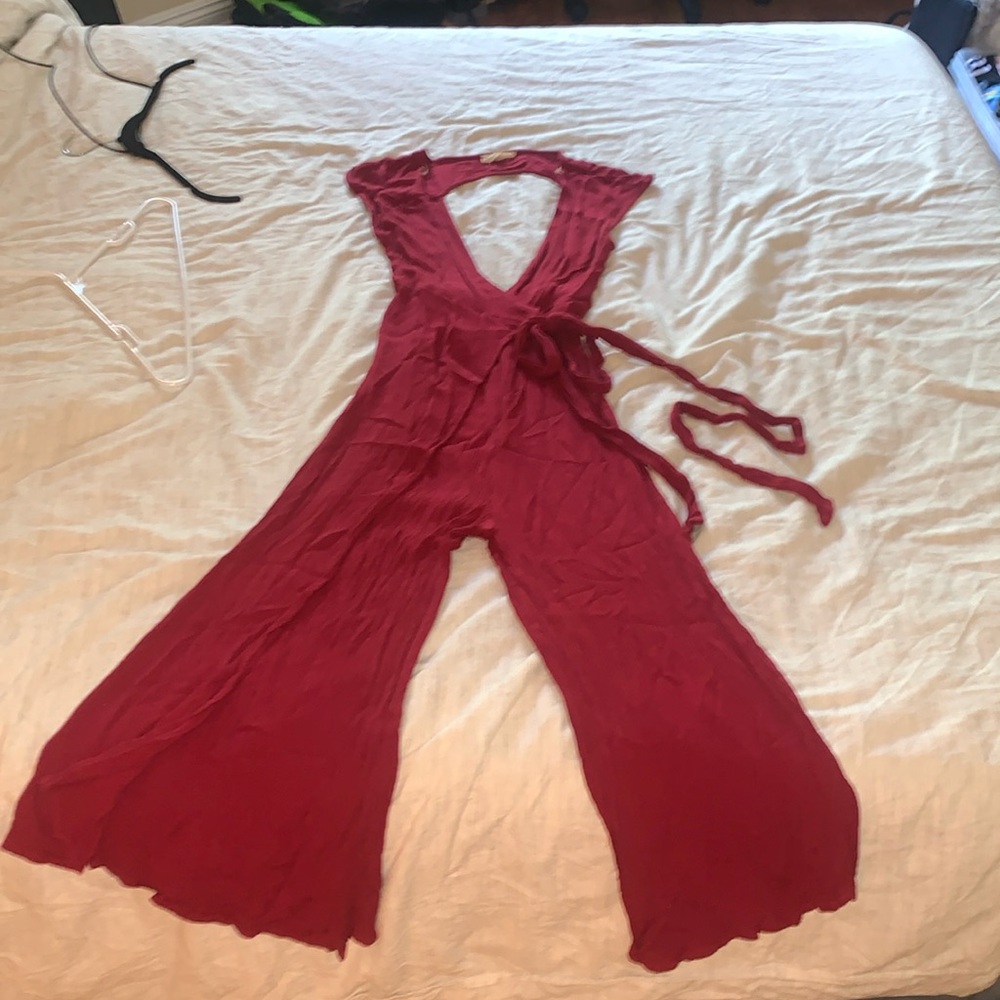 LA Hearts Red Wrap Open Back Jumpsuit - Small